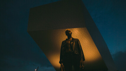 Portrait Of Black Guy Against Background Of Night Sky. Modern Building Behind Guy.