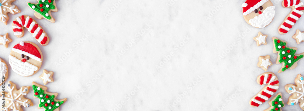 Poster cute christmas cookie double border. above view on a white marble banner background with copy space.
