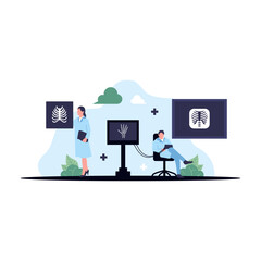 Radiology vector illustration. Flat tiny xray skeleton bones persons concept. Transparent body scanner equipment for patient disease, injury and trauma diagnosis. Spine, legs and head doctor research.