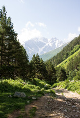 A fantastic mountain landscape with a hiking trail, green slopes and peaks on a sunny summer day and a space to copy in the Terskol valley in Kabardino-Balkaria in the North Caucasus