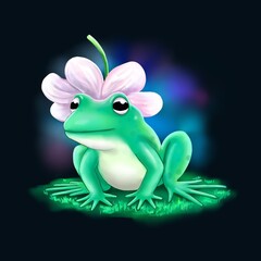 Cute frog with flower hat, digital art illustration