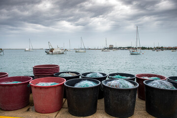 Fototapeta premium Shot of fishing nets by the sea