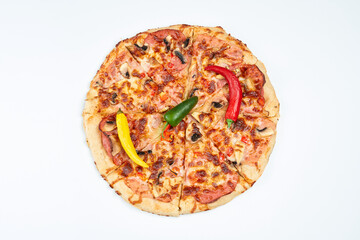 Fresh round pizza with colored peppers on top. Hot Meal. Lunch, dinner or snack.