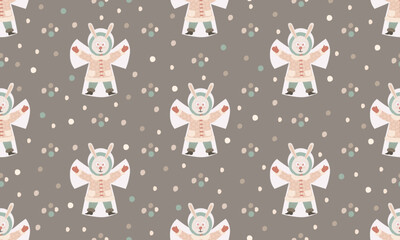 New Year holiday seamless pattern. Christmas bunny in pale pink and brown colors. Winter rabbit. Greeting and invitation cards. Seasonal festive decorations