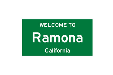 Ramona, California, USA. City limit sign on transparent background. 