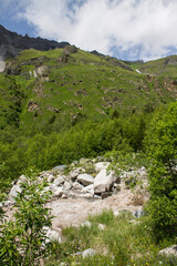 Mountain river Terskol close-up flowing among rocks and grass in Kabardino-Balkaria in Russia on a sunny summer day