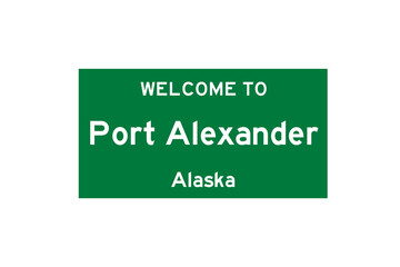 Port Alexander, Alaska, USA. City limit sign on transparent background. 