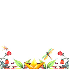 Coupon. Watercolor floral coupon with spring flowers and dragonflies