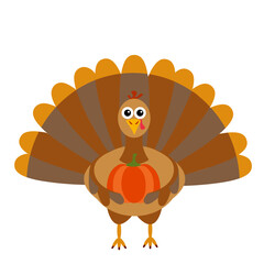 simple flat brown turkey holding an orange  pumpkin