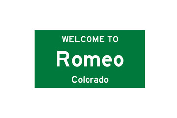 Romeo, Colorado, USA. City limit sign on transparent background. 