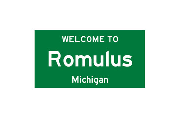 Romulus, Michigan, USA. City limit sign on transparent background. 