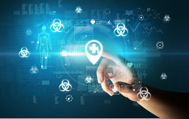 Doctor hand pressing futuristic health device with medical symbol on screen