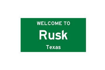 Rusk, Texas, USA. City limit sign on transparent background. 