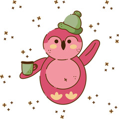Cute penguin character. Cartoon cute pinguin in a winter hat and with a mug of tea in his hands welcomes. Cartoon doodle illustration.