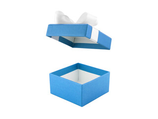 open empty blue gift box with ribbon bow (lid floating) isolated on white