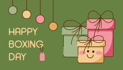 Boxing day1. Boxing day advertising card with joyful gift character, balls and happy boxing day lettering.