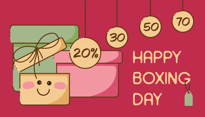 Boxing day2. Boxing day advertising card with joyful open gift character, discounts and happy boxing day lettering.