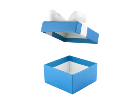 open empty blue gift box with ribbon bow (lid floating) isolated on white