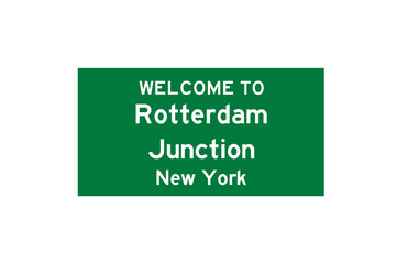 Rotterdam Junction, New York, USA. City limit sign on transparent background. 