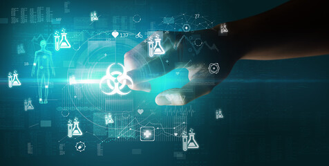 Doctor hand pressing futuristic health device with medical symbol on screen