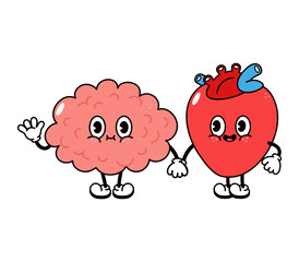 Cute, funny happy brain and heart character. Vector hand drawn cartoon kawaii characters, illustration icon. Funny cartoon brain and heart friends concept
