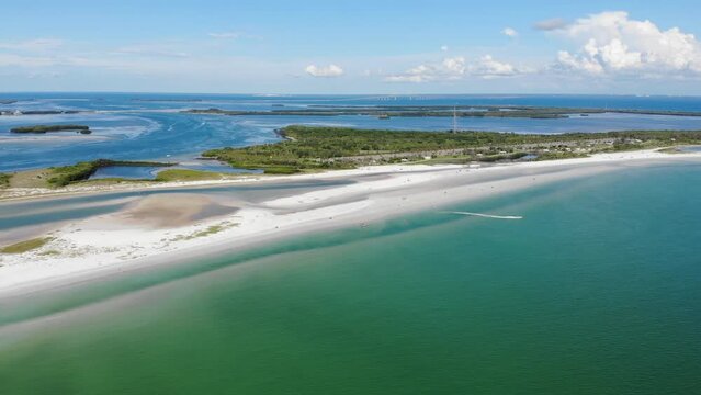 Aerial fly Fort De Soto Park. South Florida. Vast white strand known for its broad tidal pool, sand dollars.