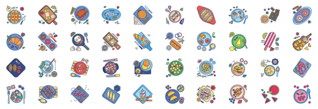 Collection of icons related to Dish and Fine Dining, including icons like Apple pie, Chinese, mojito and more. vector illustrations, Pixel Perfect set
