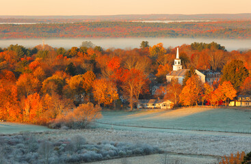 Overlooking a peaceful New England Farm in the autumn with frost on foreground, Boston, Massachusetts, USA