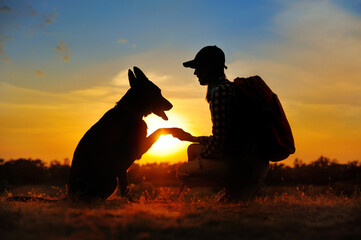 Silhouette of a dog giving paw to its owner