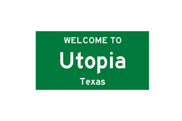 Utopia, Texas, USA. City limit sign on transparent background. 