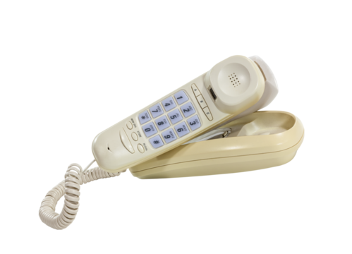 Old landline phone with neck holder attachment isolated.