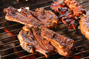 meat on the grill. South African braai with lamb chops