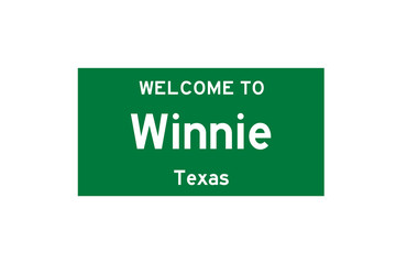 Winnie, Texas, USA. City limit sign on transparent background. 