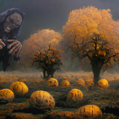 scary monster in field with pumpkins
