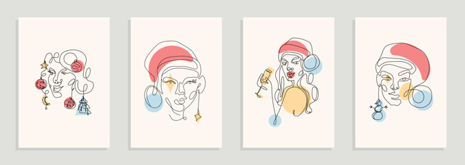 Modern abstract line minimalistic women faces New Year concept for wall decoration, postcard or brochure cover design. Different woman faces. One line art. Vector illustrations design