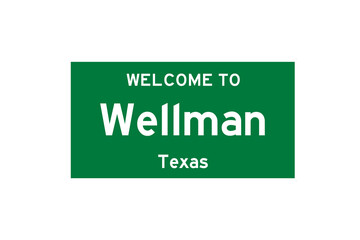 Wellman, Texas, USA. City limit sign on transparent background. 