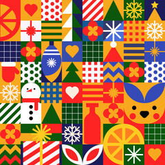 Christmas and New Year seamless pattern in retro style, in the form of a mosaic with flat geometric icons.
Simple backgrounds.