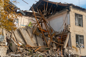 War in Ukraine. Russian invasion of Ukraine. School damaged by shelling. Destruction of infrastructure. Terror of the civilian population. War crimes