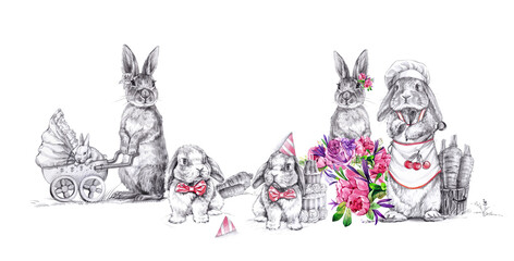 Family of rabbits isolated on  white background; several graphic ;  rabbit with  stroller and baby , on  holiday with  cake,  cook. Illustration with  simple pencil .