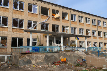 War in Ukraine. 2022 Russian invasion of Ukraine. Entrance to a school destroyed by shelling....