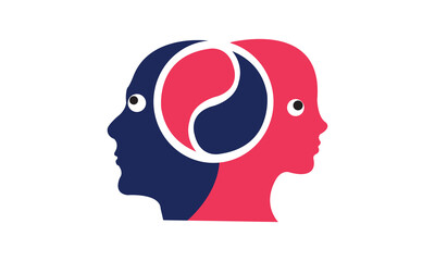 Cartoon vector illustration of Silhouette of human head with tangled line inside, like brain. Concept of chaotic thought process, confusion, personality disorder and depression. Man and woman one thou