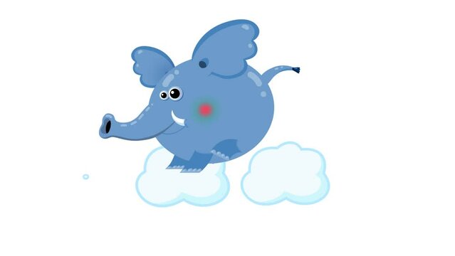 Elephant funny cute and sweet with cloud growing and moving from left to right seamless loop cartoon animation isolated. Animal character jumping from cloud to cloud neverending animated.