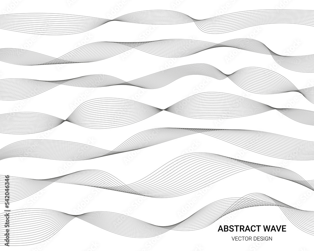 Poster Line wave. Curve graphic background. Sound frequency or wavy water digital form. Light soundwave. Audio equalizer. Dynamic vibration. Intertwined streams backdrop. Vector abstract elements