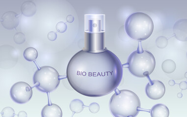 Molecule cosmetic. 3D collagen skin care product. Molecular and DNA chemical formula. Science medical serum package. Bio beauty ad. Sphere atoms. Moisturizing lotion. Vector background