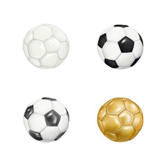 3d soccer ball set, team sport toy. Game render elements different colors, realistic play black and white or golden glossy football leather object, goal competition. Vector isolated icons