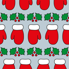 Cute red mitten and holly on grey background. Seamless vector pattern. Christmas background for festive designs, textile print, wrapping, paper decorations, decors, banners, cards, and invitations.