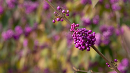 Clusters of pink purple berry fruit of the Callicarpa Bodinieri Imperial Pearl plant, photographed in autumn at RHS Wisley garden, Surrey, UK.