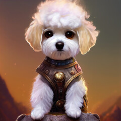 Adorable tiny Bichon frise puppy as cartoon adventurer