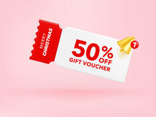 3D Gift voucher with coupon. For Christmas sales and Discount online purchases. In red tones isolated on pink background. 3d rendering. - obrazy, fototapety, plakaty