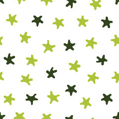 Stars pattern. Seamless vector illustration. Light green and green elements on a white background. Great for backdrop decoration, cards, wallpaper, textiles, fabric, wrappers, additions to the design.